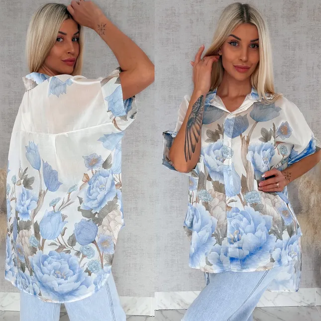 Asymetryczna koszula w niebieskie kwiaty ONE SIZE - R897