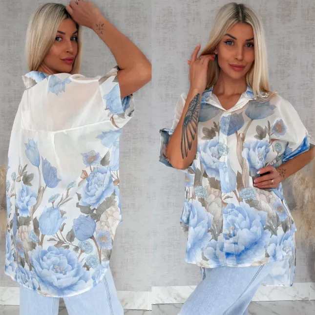 Asymetryczna koszula w niebieskie kwiaty ONE SIZE - R897