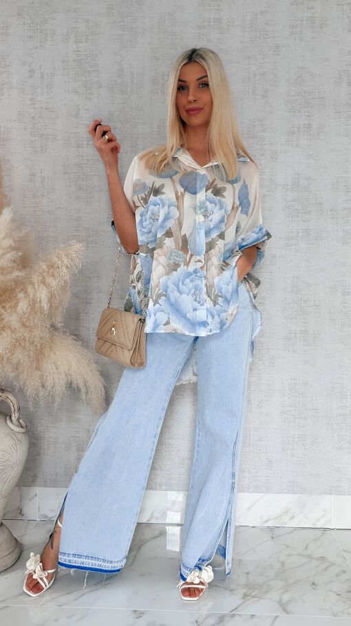 Asymetryczna koszula w niebieskie kwiaty ONE SIZE - R897