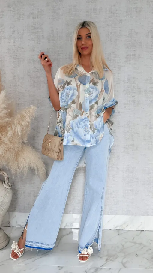 Asymetryczna koszula w niebieskie kwiaty ONE SIZE - R897