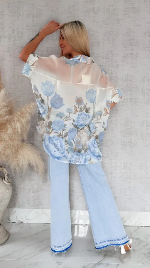 Asymetryczna koszula w niebieskie kwiaty ONE SIZE - R897