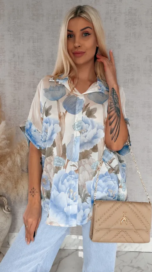 Asymetryczna koszula w niebieskie kwiaty ONE SIZE - R897
