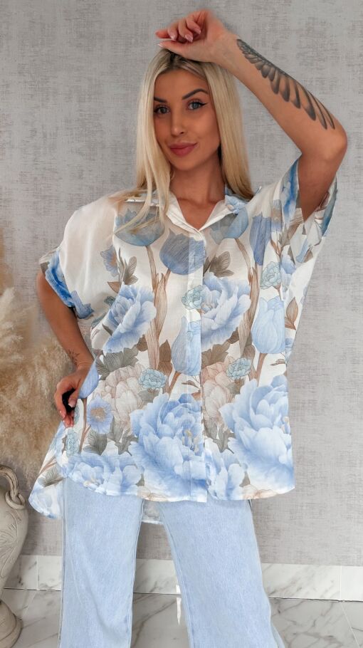 Asymetryczna koszula w niebieskie kwiaty ONE SIZE - R897