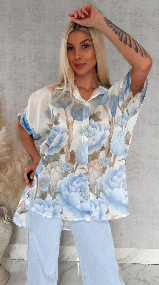 Asymetryczna koszula w niebieskie kwiaty ONE SIZE - R897