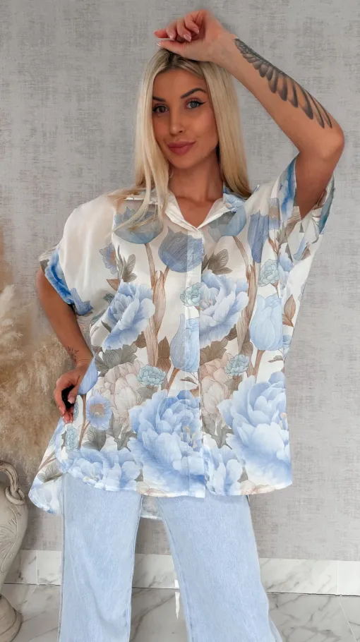 Asymetryczna koszula w niebieskie kwiaty ONE SIZE - R897