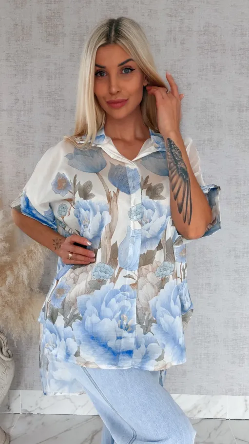 Asymetryczna koszula w niebieskie kwiaty ONE SIZE - R897