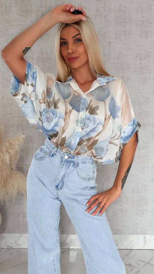 Asymetryczna koszula w niebieskie kwiaty ONE SIZE - R897