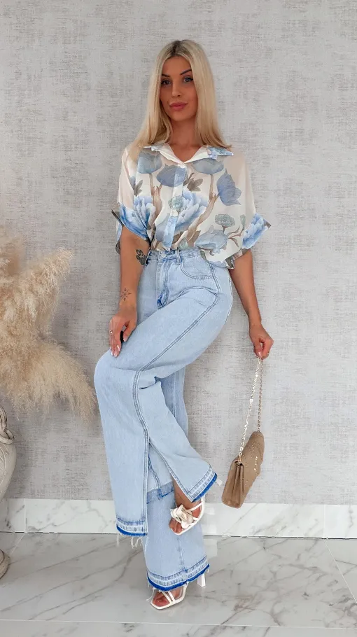 Asymetryczna koszula w niebieskie kwiaty ONE SIZE - R897