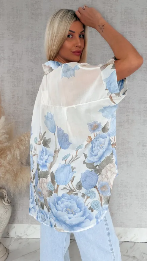 Asymetryczna koszula w niebieskie kwiaty ONE SIZE - R897
