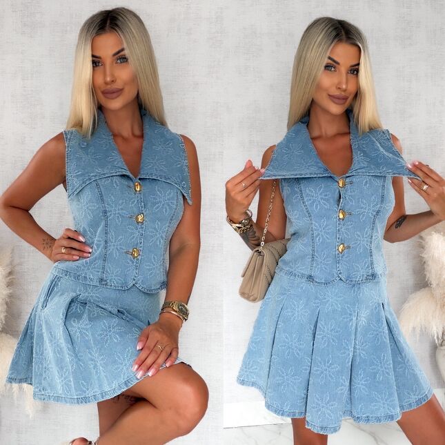Mięciutki letni komplet jeansowy kamizelka + spódnica BLUE JEANS - S179