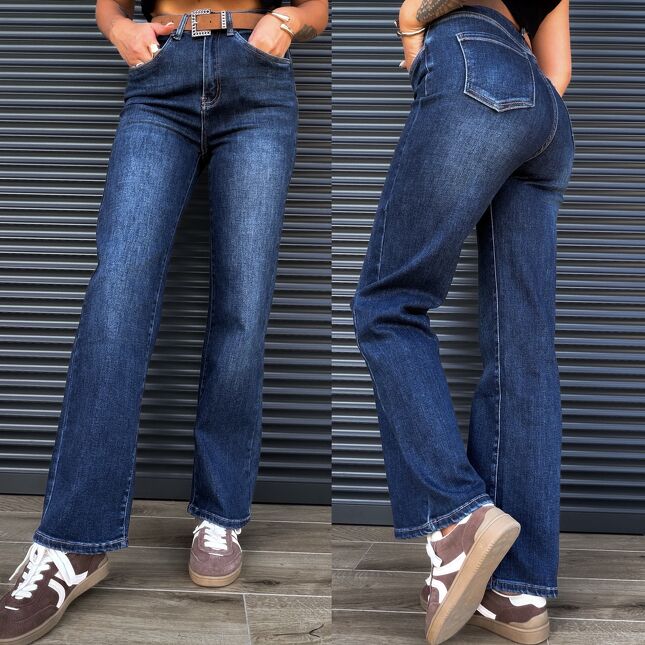 Klasyczne elastyczne spodnie jeansowe WIDE LEG FIT z paskiem BLUE - S328