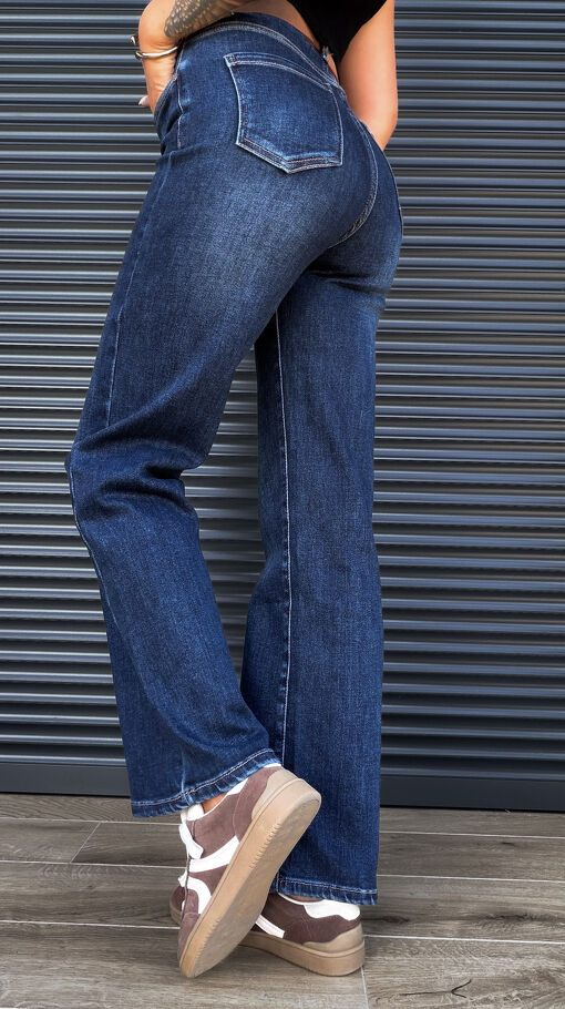 Klasyczne elastyczne spodnie jeansowe WIDE LEG FIT z paskiem BLUE - S328