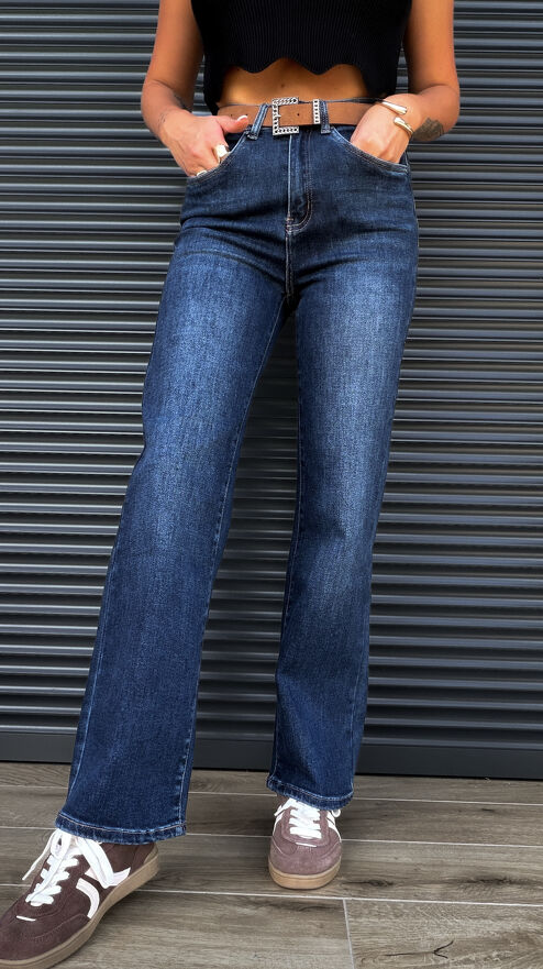 Klasyczne elastyczne spodnie jeansowe WIDE LEG FIT z paskiem BLUE - S328