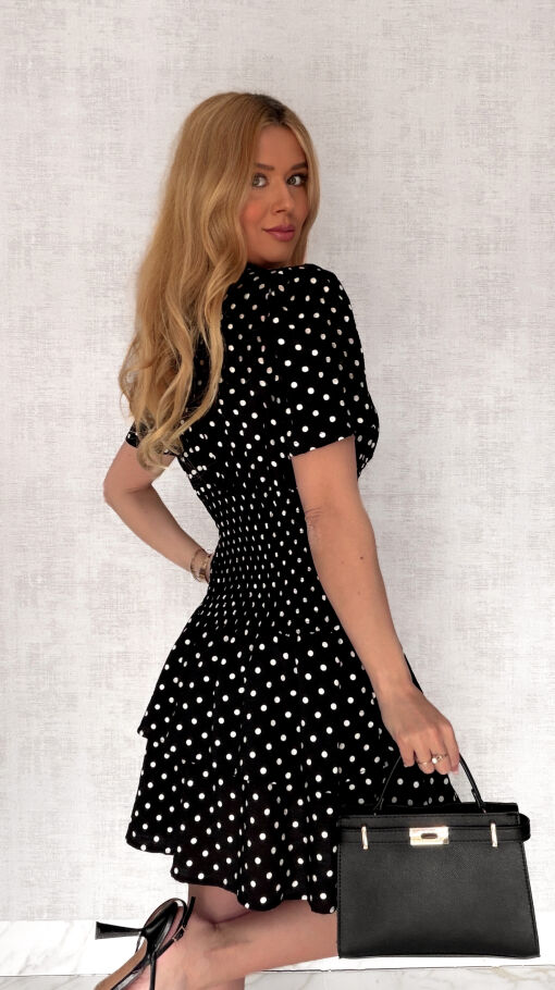Cudowna sukienka w grochy z elastycznym pasem BLACK - S007A