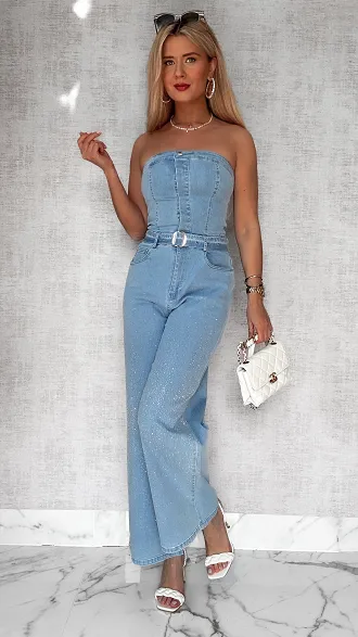 Elastyczny jeansowy kombinezon zdobiony cyrkoniami BLUE JEANS - P562