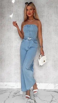 Elastyczny jeansowy kombinezon zdobiony cyrkoniami BLUE JEANS - P562
