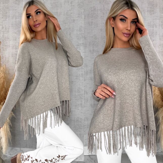 Beżowy gładki sweter z frędzlami ONE SIZE wiskoza - R650A