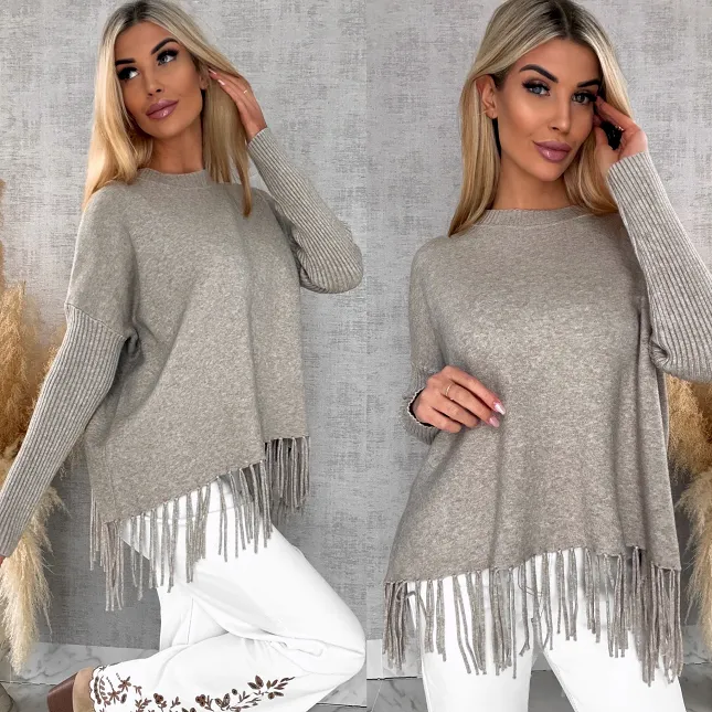 Beżowy gładki sweter z frędzlami ONE SIZE wiskoza - R650A