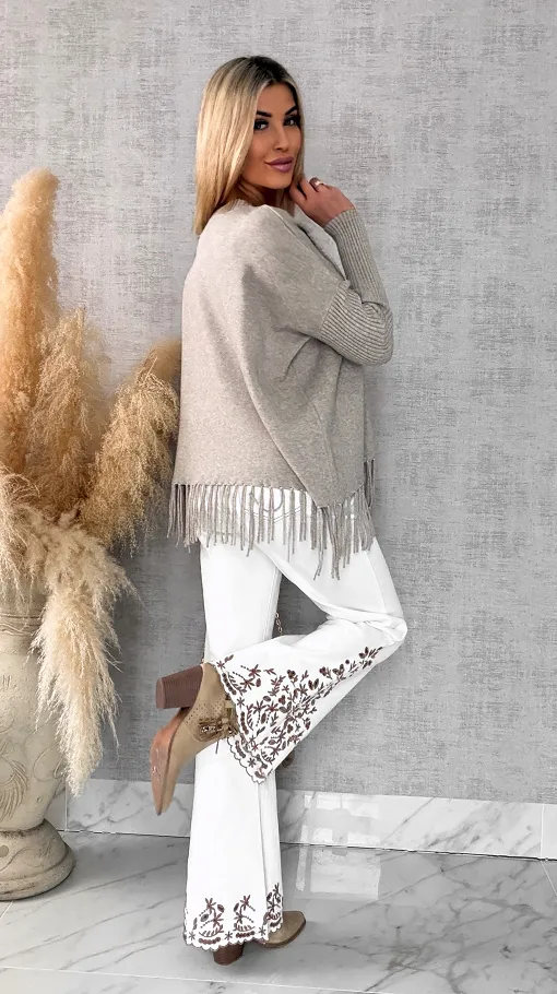 Beżowy gładki sweter z frędzlami ONE SIZE wiskoza - R650A