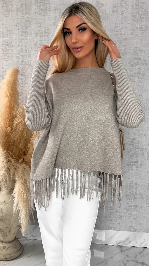 Beżowy gładki sweter z frędzlami ONE SIZE wiskoza - R650A