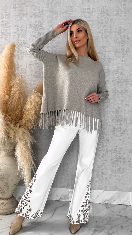 Beżowy gładki sweter z frędzlami ONE SIZE wiskoza - R650A
