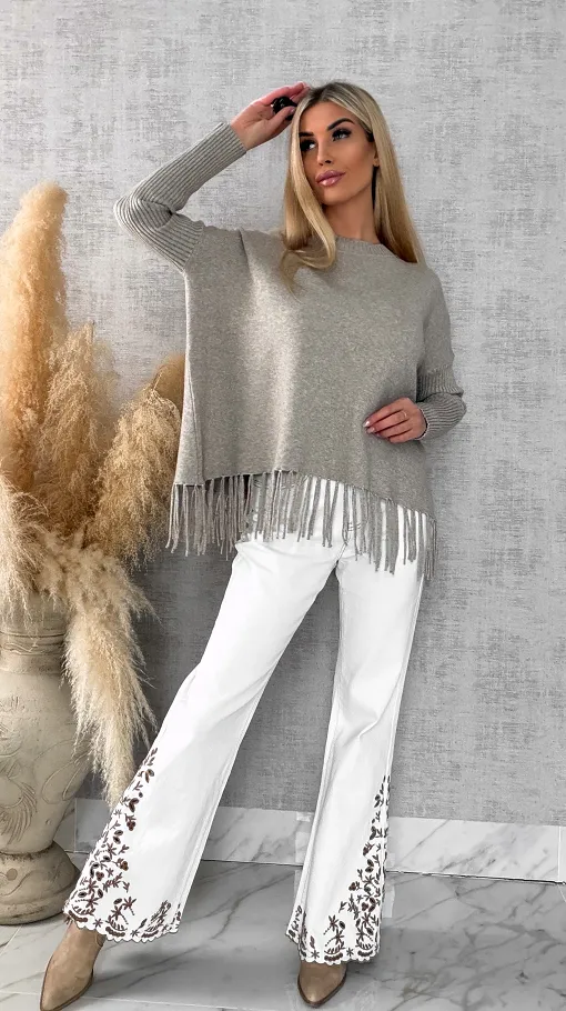 Beżowy gładki sweter z frędzlami ONE SIZE wiskoza - R650A