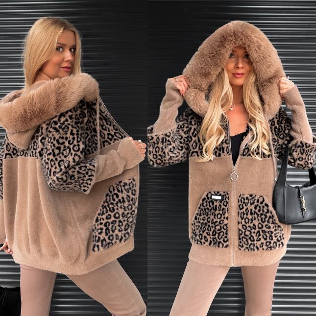 Oryginalna ALPAKA z panterką w kolorze TOFFI z kapturem i futerkiem ONE SIZE - S389