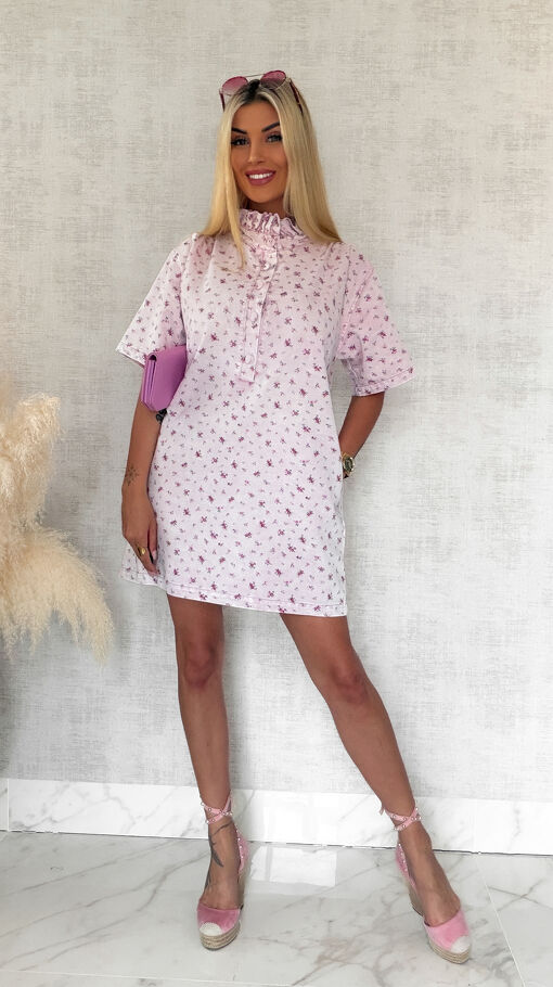 Pudrowa sukienka jeansowa w mini kwiatuszki ONE SIZE - S090
