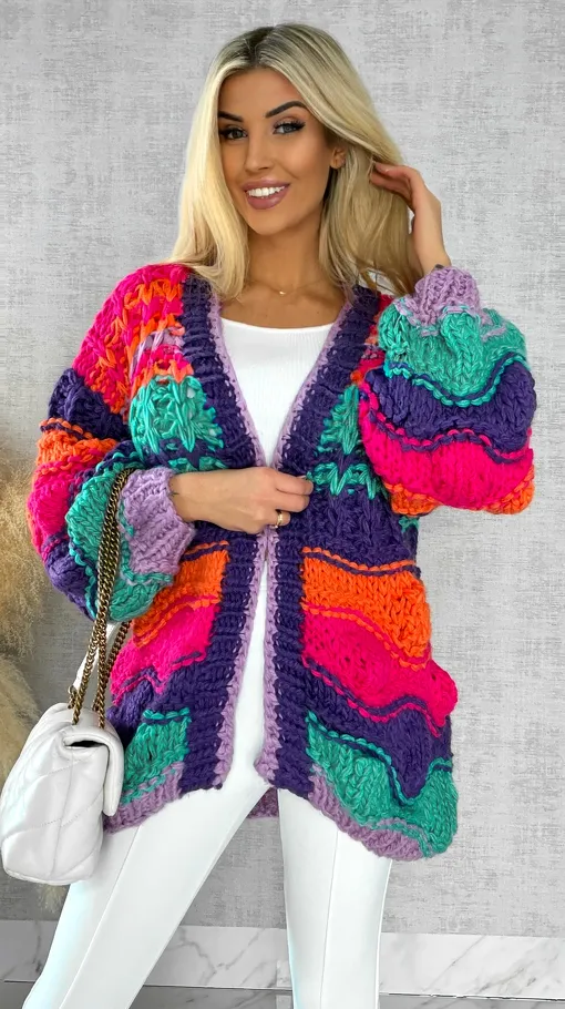 Grubo pleciony kardigan PREMIUM multi kolor - R541