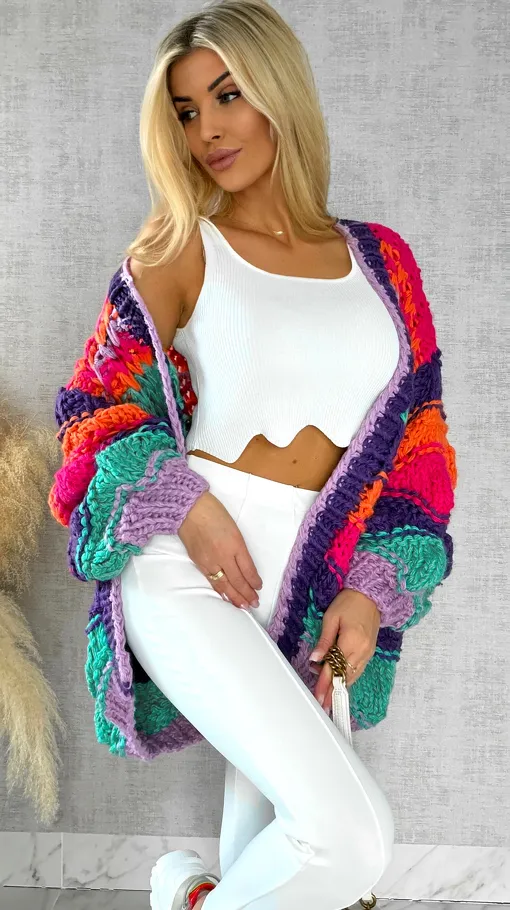 Grubo pleciony kardigan PREMIUM multi kolor - R541