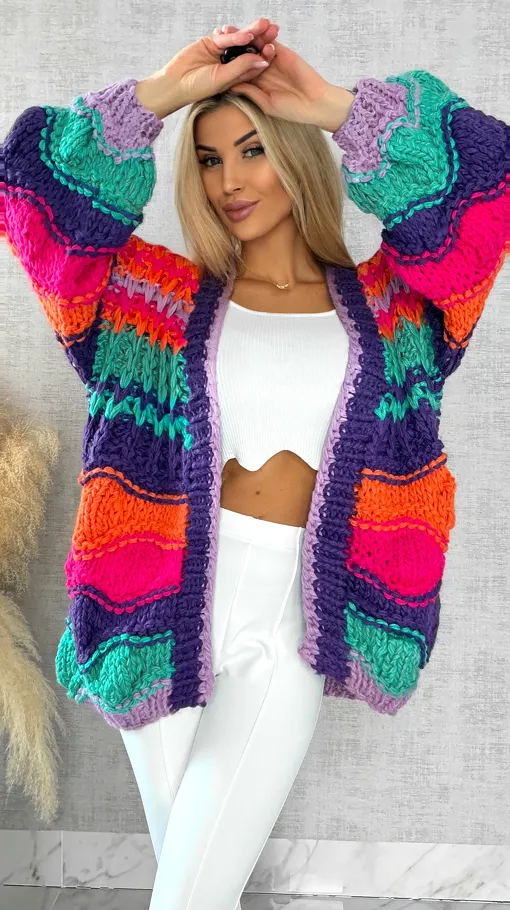 Grubo pleciony kardigan PREMIUM multi kolor - R541