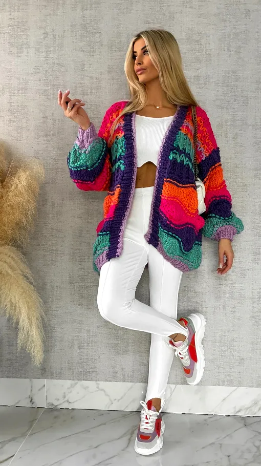 Grubo pleciony kardigan PREMIUM multi kolor - R541