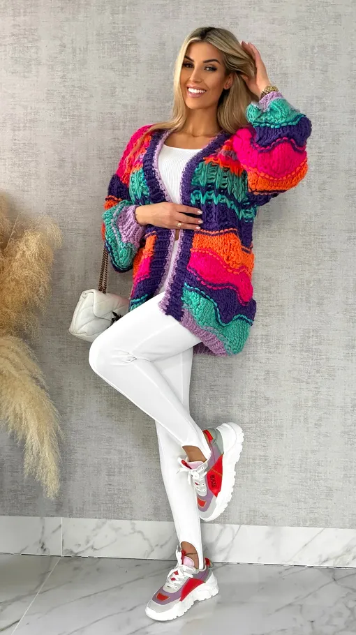 Grubo pleciony kardigan PREMIUM multi kolor - R541
