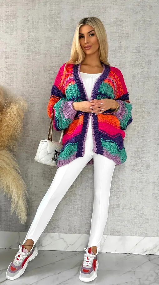 Grubo pleciony kardigan PREMIUM multi kolor - R541