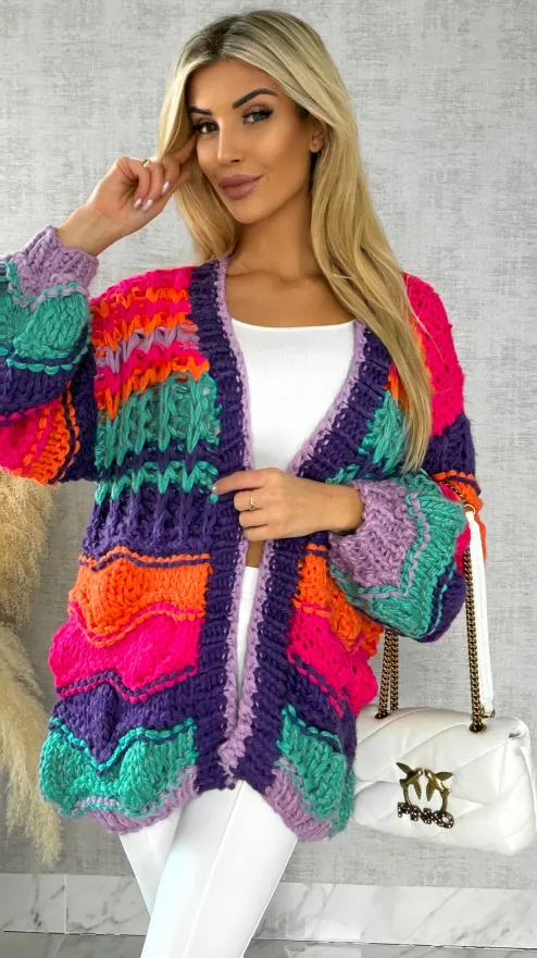 Grubo pleciony kardigan PREMIUM multi kolor - R541
