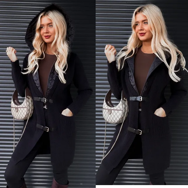 Oryginalny ciepły kardigan z pikowanym kapturem ONE SIZE czarny - R280