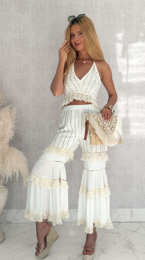 Jasny BOHO komplet na lato bluzka TOP + spodnie - S125