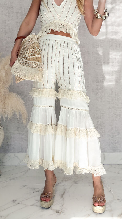 Jasny BOHO komplet na lato bluzka TOP + spodnie - S125