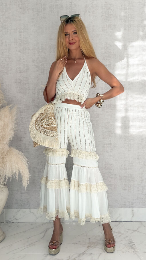 Jasny BOHO komplet na lato bluzka TOP + spodnie - S125