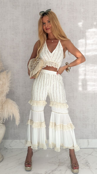 Jasny BOHO komplet na lato bluzka TOP + spodnie - S125