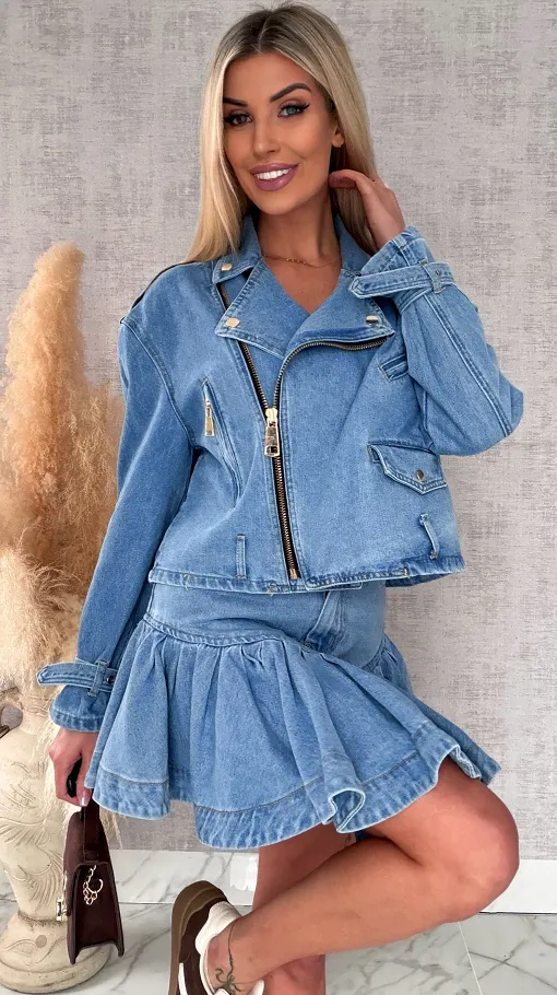 Modny jeansowy komplet katana + spódniczka BLUE JEANS - R704