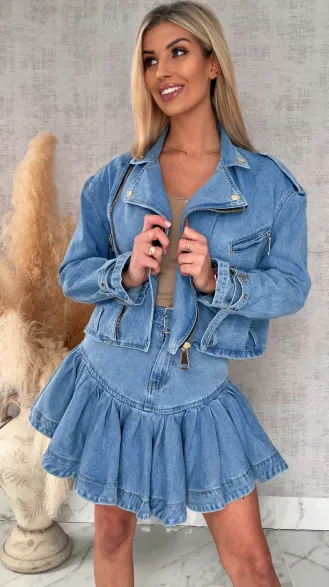 Modny jeansowy komplet katana + spódniczka BLUE JEANS - R704