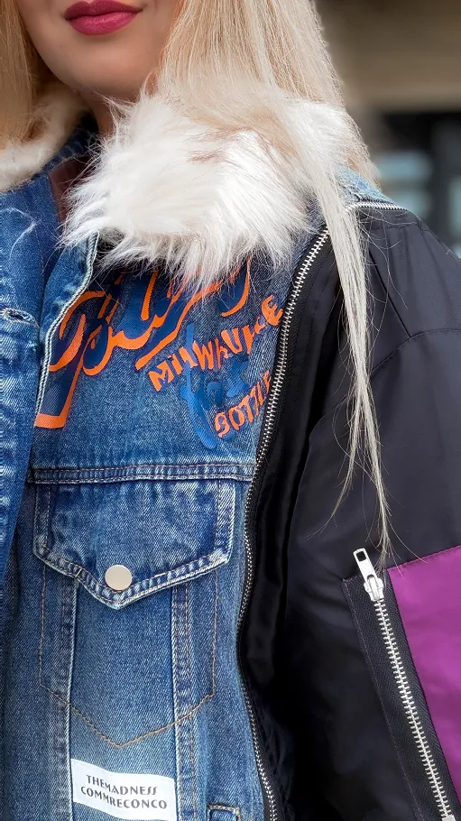 Jeansowa ocieplana katana OVERSIZE z zamkami i naszywkami - R160