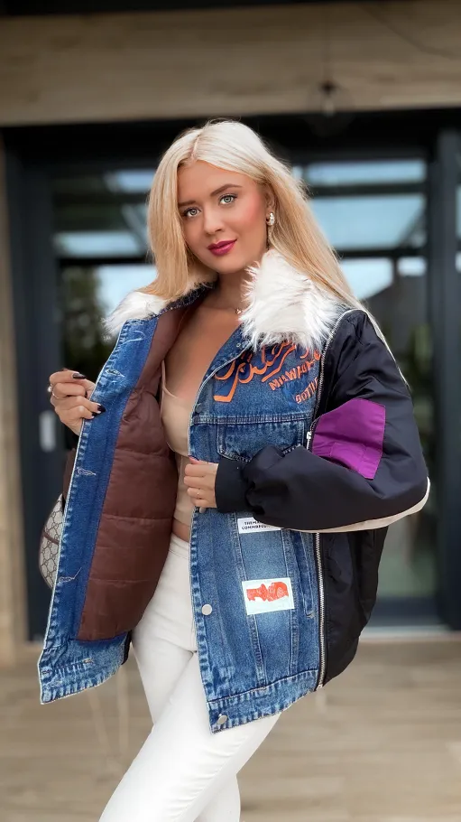 Jeansowa ocieplana katana OVERSIZE z zamkami i naszywkami - R160