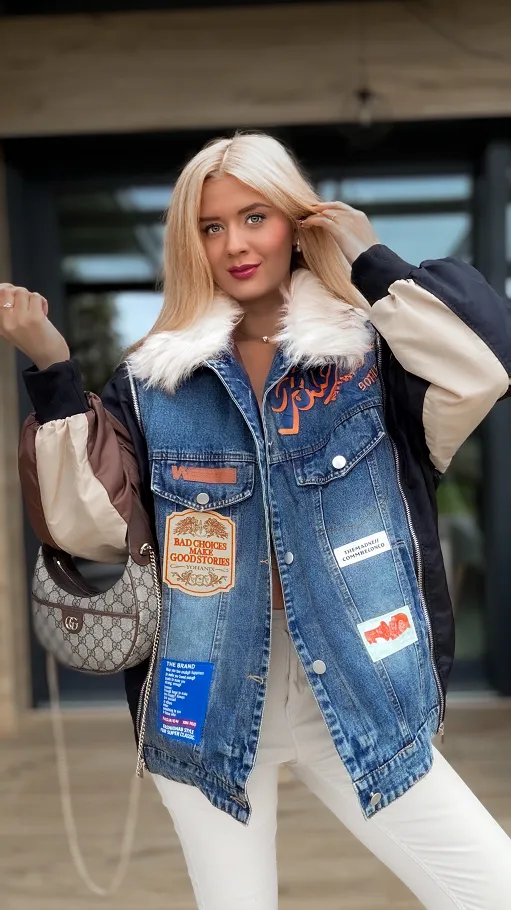 Jeansowa ocieplana katana OVERSIZE z zamkami i naszywkami - R160