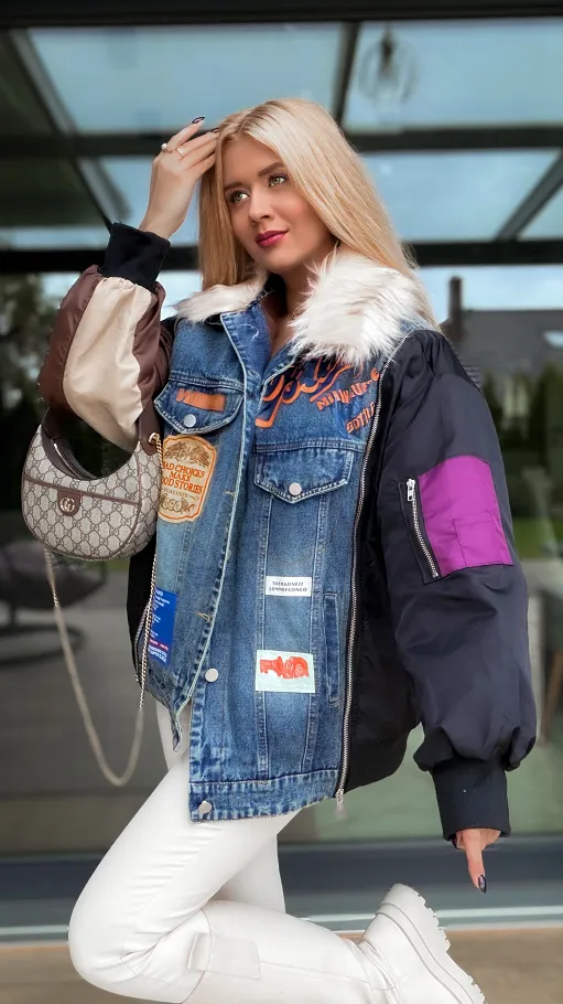 Jeansowa ocieplana katana OVERSIZE z zamkami i naszywkami - R160