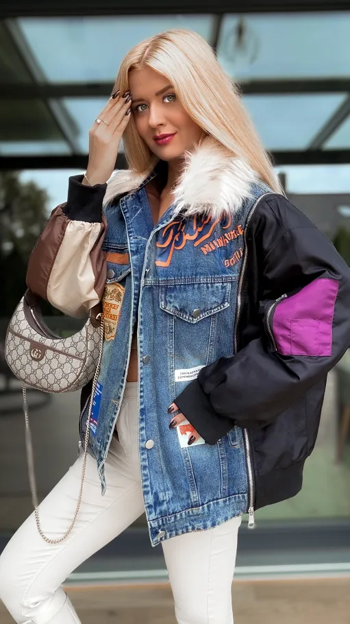 Jeansowa ocieplana katana OVERSIZE z zamkami i naszywkami - R160