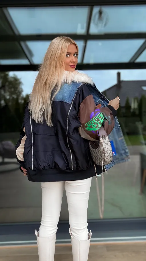 Jeansowa ocieplana katana OVERSIZE z zamkami i naszywkami - R160