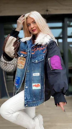 Jeansowa ocieplana katana OVERSIZE z zamkami i naszywkami - R160