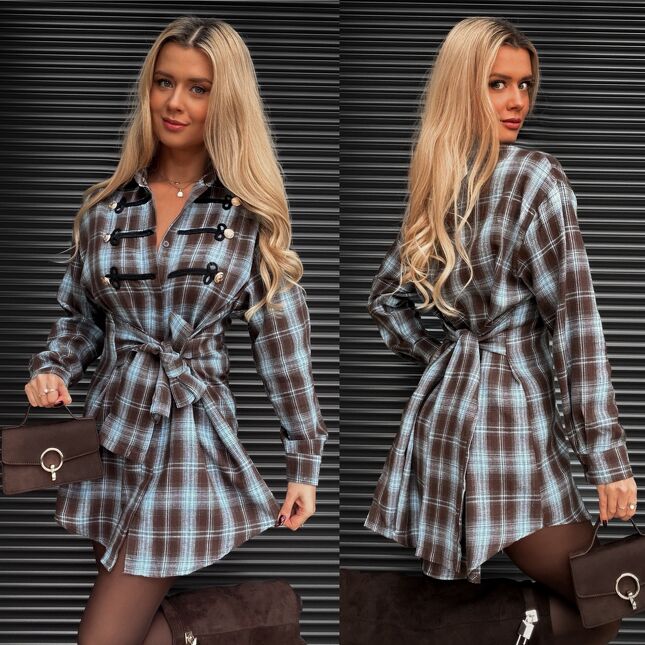 Bawełniana sukienka koszulowa w kratkę z wiązaną regulowaną talią ONE SIZE - S566